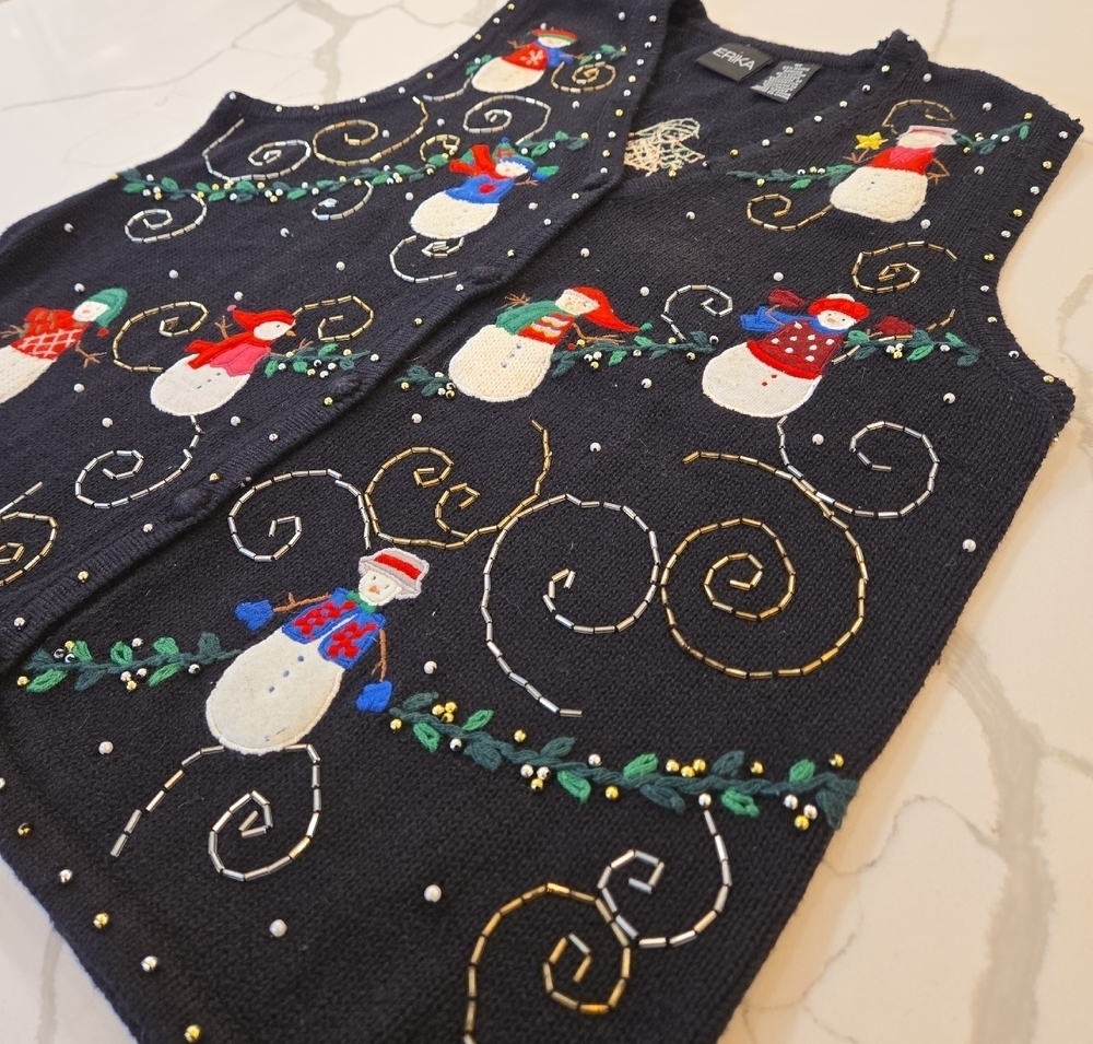 VTG Festive Snowman Embroidered Beaded Sweater Vest Black Red Medium Womens